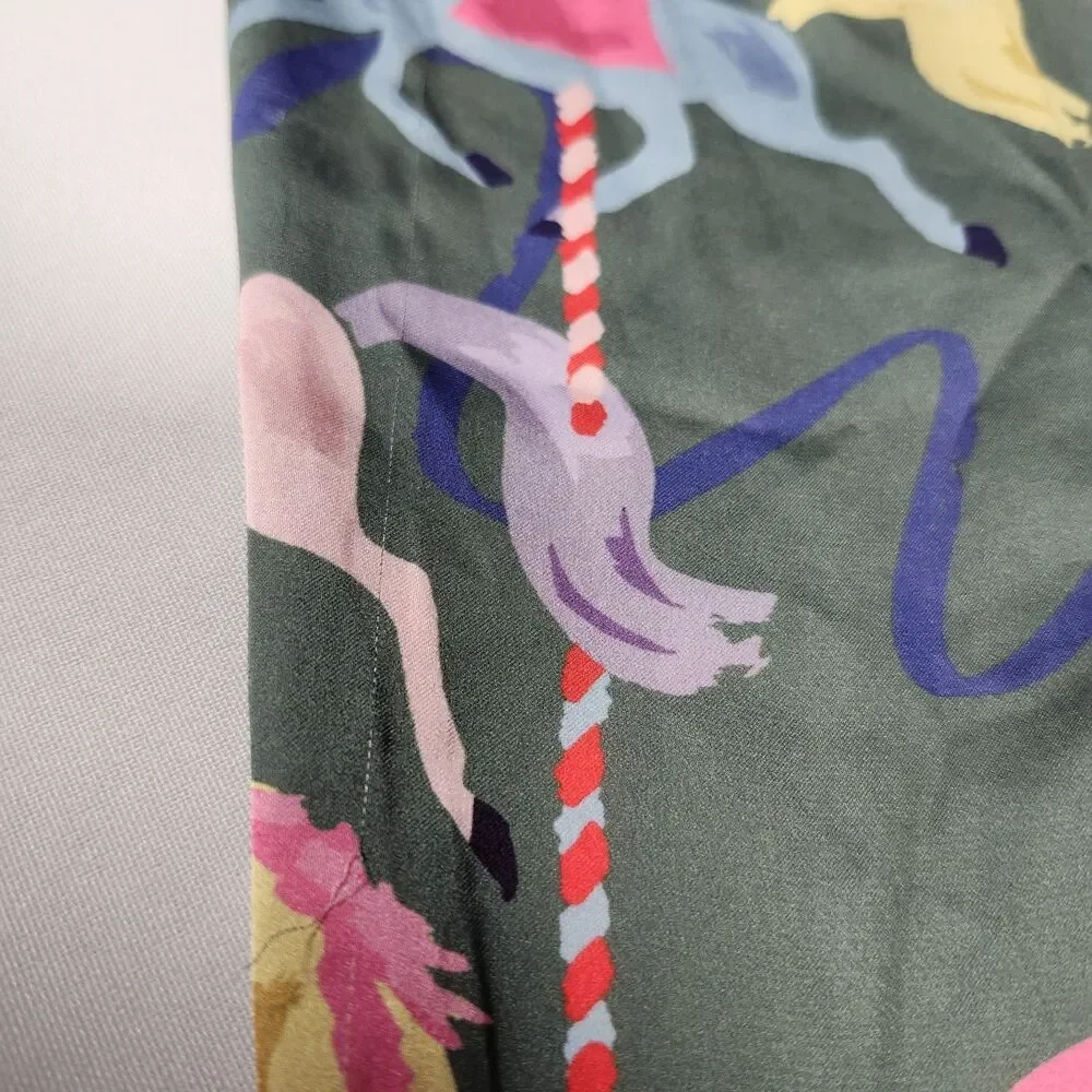 Karen Mabon Whimsical CAROUSEL Satin Pajama Shirt Women's Size XLARGE Green RARE
